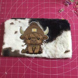 New handmade pouch very soft and furry embroidered highland cow patch lined